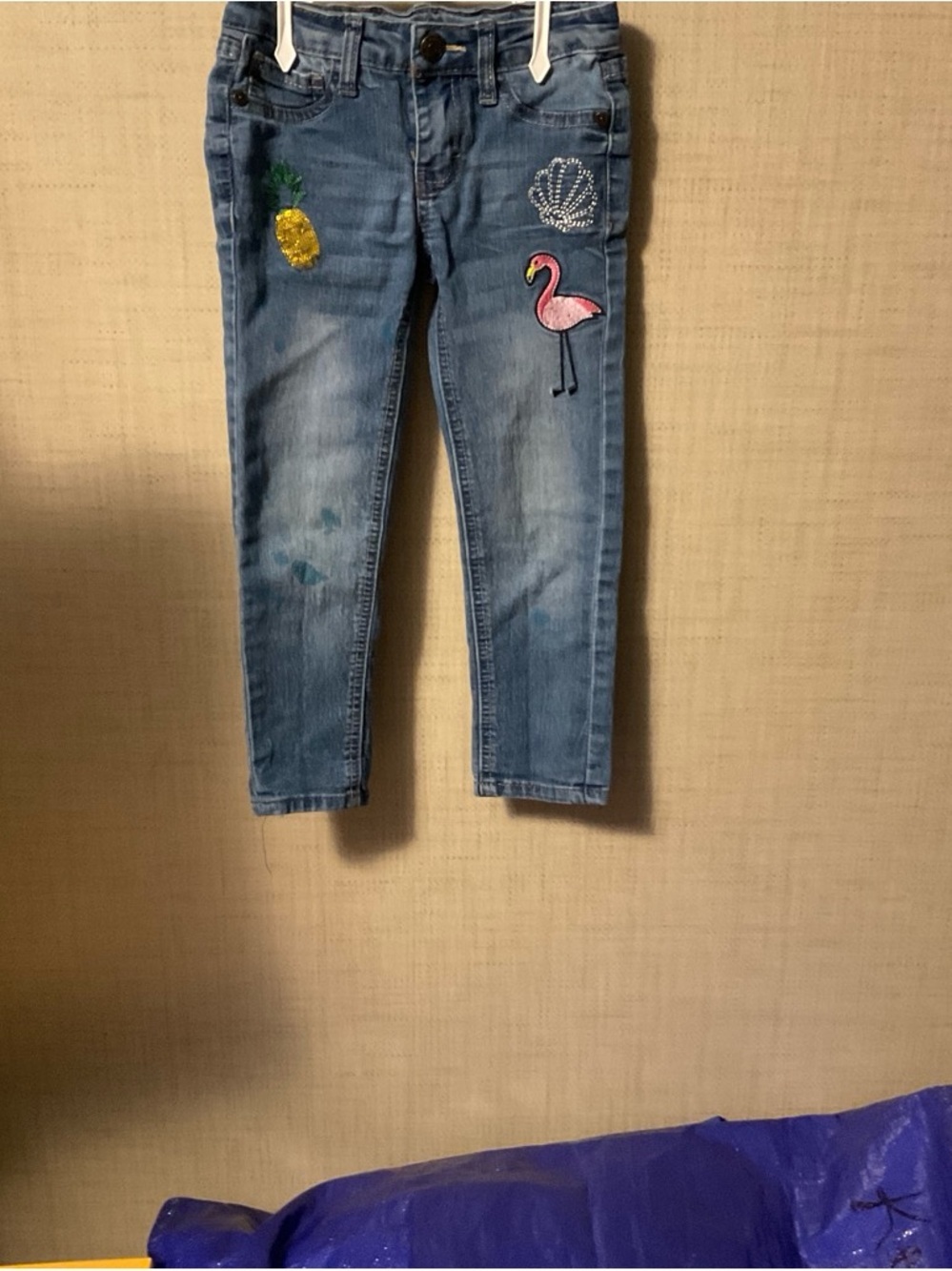 Girls Light Blue Embroidered Flamingo & Pineapple Jeans